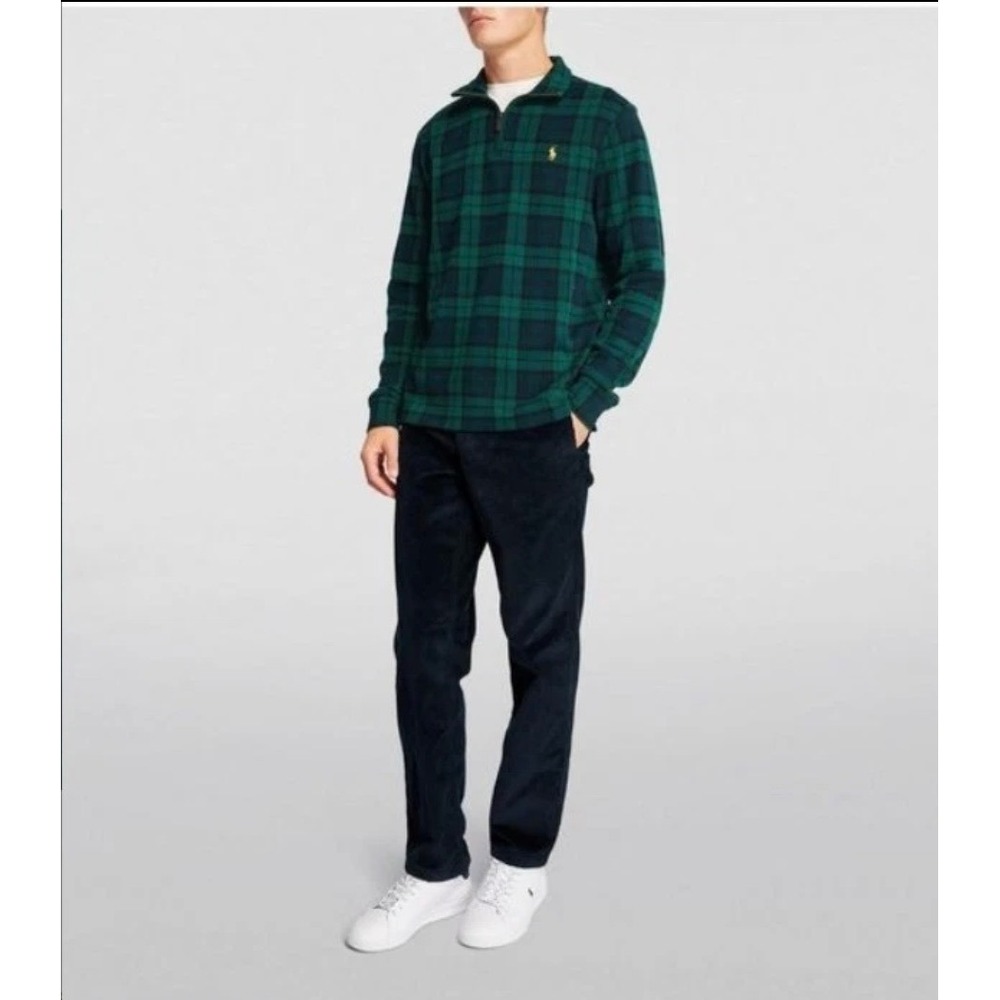Polo Ralph Lauren Sweater Mens XL Green Plaid Estate Rib Quarter Zip Cotton